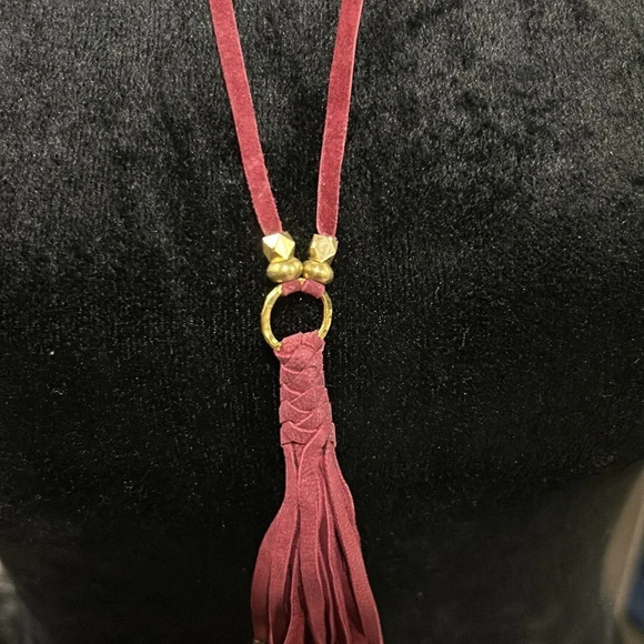 Handmade Faux Maroon Suede & Gold Bead Long Tassel Necklace NWT - Picture 2 of 7